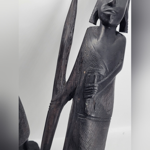 Vintage Married African Wooden Hand Carved Warrior Tribal W/Spear/Carrying Water - Picture 7 of 15